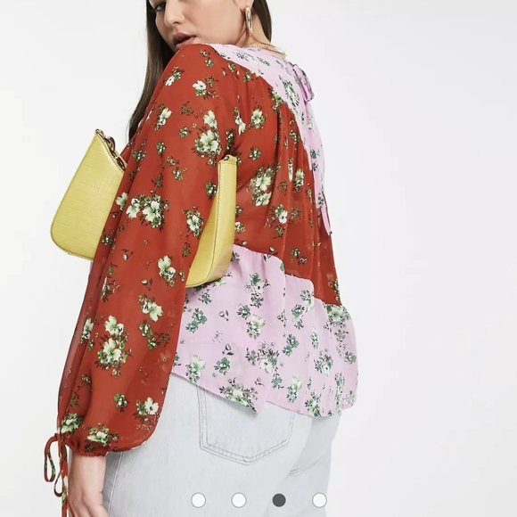 Sz 24W ASOS CURVE SHEER MIXED PRINT TOP WITH LONG SLEEVES AND TIE - Picture 2 of 4